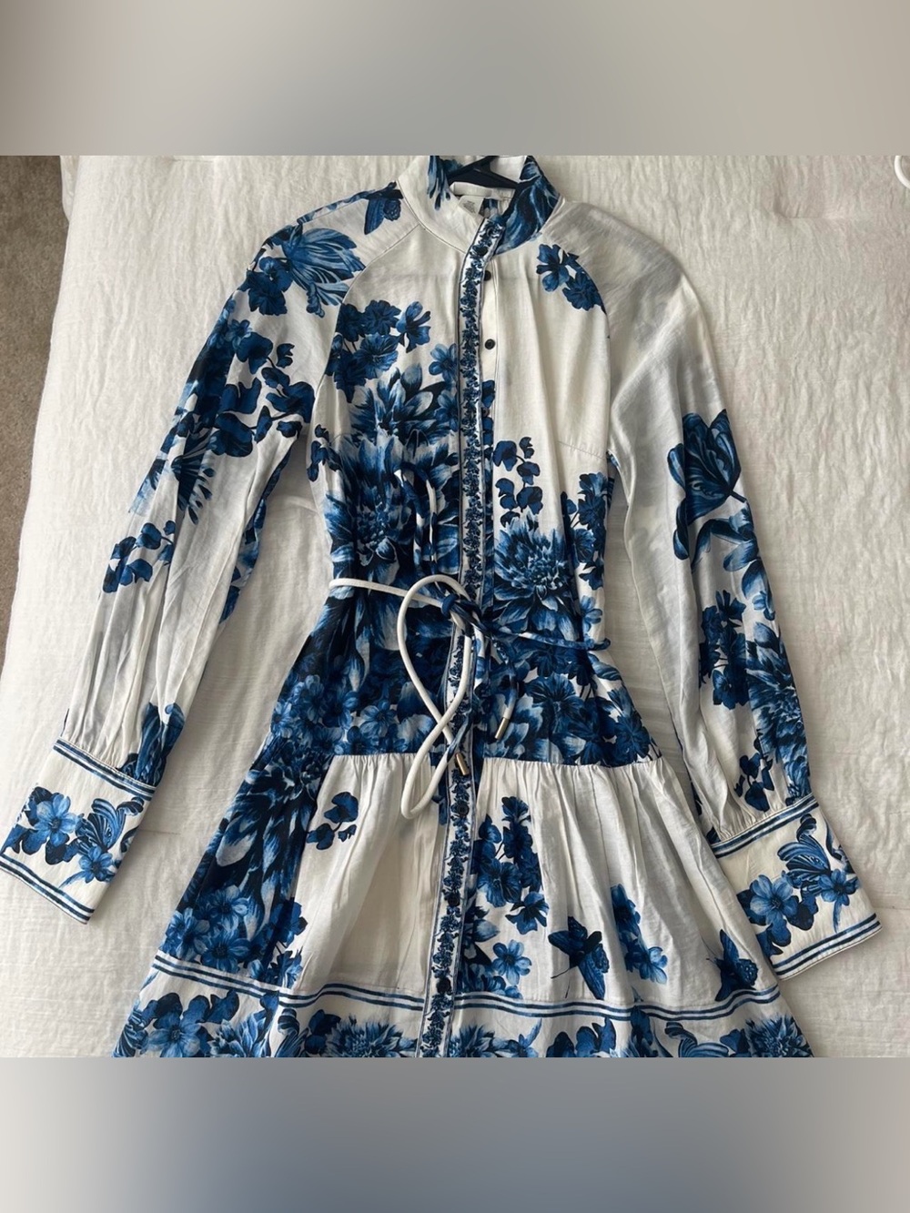 H&M White and Blue Floral Long-Sleeve Midi Dress